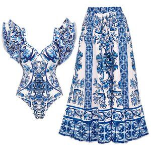 Ruffle Blue and White One Piece Swimsuit and Skirt/Sarong Set Beach Cover Up